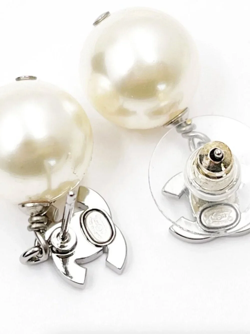Chanel Classic Silver Crystal CC Pearl Dangle Earrings